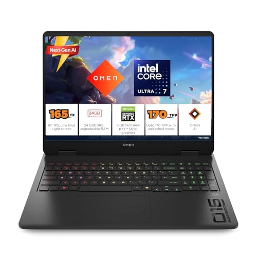 HP Omen 16, Intel Core Ultra 7 255H, 8GB RTX 5050, 24GB DDR5(Upgradeable) 1TB SSD, 2K IPS 165Hz 400 nits, 3ms RT, 16”/40.6cm, Win11, Office24, Black, 2.4kg, am0240tx, Xbox Gamepas* RGB Gaming Laptop