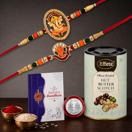 DeoDap Designer Ganesha Rakhi Set of 2 for Brother with Choco Coated Nut Butterscotch Chocolate 96gm, Pooja Coin, Roli Chawal & Card | Rakhi with Chocolate Combo for Raksha Bandhan