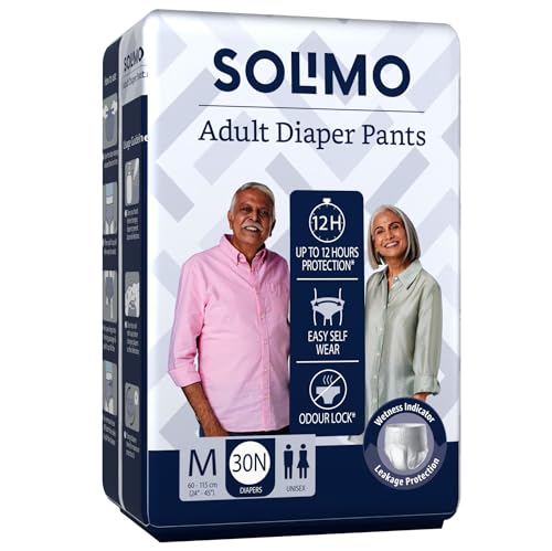 Amazon Brand – Solimo Adult Diapers Pant Style | Medium Size | 30 Count | Waist 24-45 Inch (60-115 cm) | Fast Absorption | Leak Proof | Unisex | For Men & Women