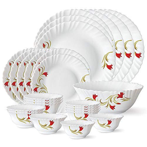 Larah by Borosil Floral Fluted Series Red Lily Opalware Dinner Set | 25 Piece For Family Of 6 | Microwave & Dishwasher Safe | Bone-Ash Free | Crockery Set For Dining & Gifting | Plates & Bowls | White
