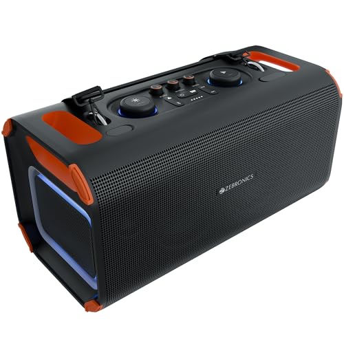 Zebronics Party Speaker, 150W, AURACAST Technology, Upto 5 Hours Playtime, 4 Drivers, BT v5.4, Wireless Mic, Mic & Guitar in, RGB, Mobile Holder, Splash Proof, AUX, USB, App Support (Prima Pro)