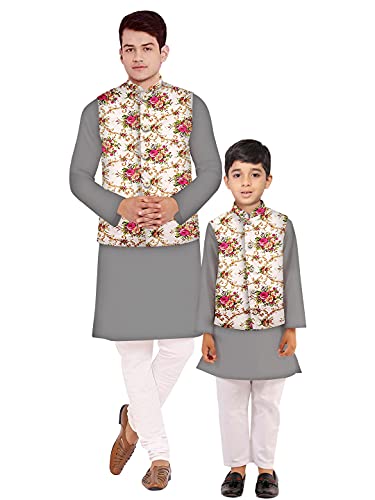 Os mens kurta pyjama with nerhu jacket combination of baap-beta & father and son’s | 100% cotton kurta pyjama | Nerhu jacket satin material- Man-42 / Boy (4-5 year), grey