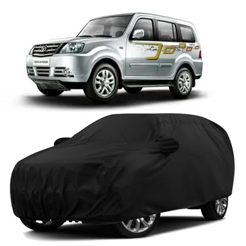 Sulfar 100% Water Resistant Car Body Cover Compatible with Mirror & Antenna Pockets for Tata Sumo Grande MK II (Triple Stitched, Full Bottom Elastic, Black)