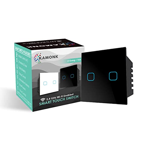 Kamonk WiFi Touch 2 Gang 15A Smart Switch | No Additional Hubs | No Automation Related Wiring | Compatible with Amazon Alexa and Google Assistant, Add Shortcuts to Siri & Kamonk App (Black)