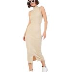 SASSAFRAS Women Beige Rib Turtle Neck Sleeveless Midi Dress -XS