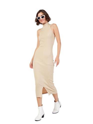 SASSAFRAS Women Beige Rib Turtle Neck Sleeveless Midi Dress -XS
