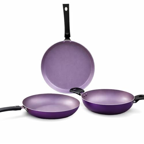 Wonderchef Valencia Non-Stick 3 Pc Cookware Set for Kitchen, Fry Pan 24cm, Kadhai 24cm, Dosa Tawa 28cm, Non-Toxic PFOA Free, Low-Oil Cooking, Gas Stove & Induction Friendly, 2-Yr Warranty, Purple