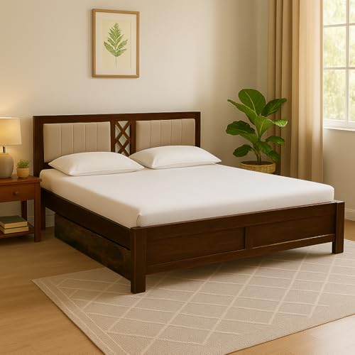 EXCEL International Cross Pettern Design Solid Sheesham Wood Queen Size Bed with Drawer Storage | Double Bed with Box Storage & Upholstered Cushined Headboard for Bedroom | Rosewood, Provincial Teak