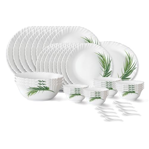 Larah by Borosil Crescent Fluted Series Opalware Dinner Set | 44 Pieces for Family of 8 | Microwave & Dishwasher Safe | Bone-Ash Free | Crockery Set for Dining & Gifting | Plates & Bowls | White