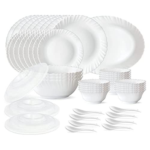 Larah by Borosil Silk Series Opalware Dinner Set | for Family of 6 | Microwave & Dishwasher Safe | Bone-Ash Free | Crockery Set for Dining & Gifting | Plates & Bowls | White (47 PCS)