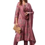 GoSriKi Women’s Rayon Blend Printed Straight Kurta with Pant & Dupatta (VICE Peach-VKS02-GS_L_Peach_Large)