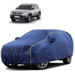 Sulfar 100% Water Resistant Car Body Cover Compatible with Mirror for Maruti Suzuki Breeza (Triple Stitched, Full Bottom Elastic, Blue Tafetta with Yellow Piping)