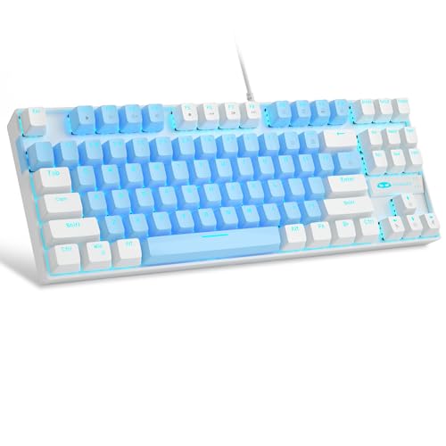 MageGee 75% Mechanical Gaming Keyboard with Blue Switch, LED Blue Backlit, 87 Keys Compact TKL Wired Computer Keyboard for Windows Laptop PC Gamer – Blue/White