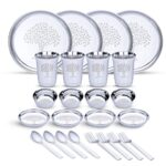 Limetro Steel Stainless Steel Dinner Set for 4 Persons | Complete Indian Thali Set with Plates, Bowls/Katori, Glass, Spoon & Fork | Tree Design Steel Dinnerware for Home (Set of 24- Serves 4)