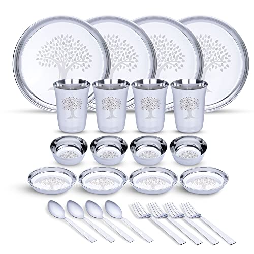Limetro Steel Stainless Steel Dinner Set for 4 Persons | Complete Indian Thali Set with Plates, Bowls/Katori, Glass, Spoon & Fork | Tree Design Steel Dinnerware for Home (Set of 24- Serves 4)