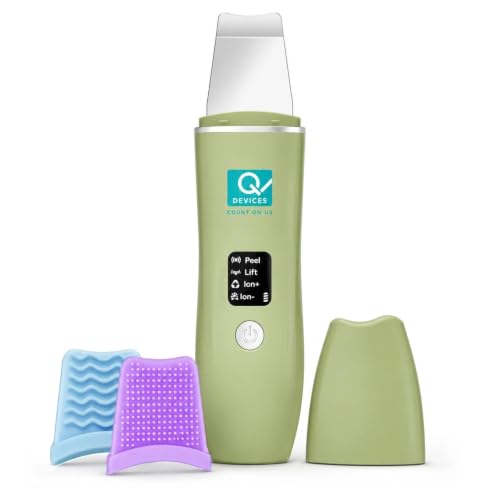 Q DEVICES Ultrasonic Facial Skin Scrubber and Blackhead Remover Machine โ Deep Pore Cleaner & Face Lifting Spatula with 4 Modes, 24000/min Vibration, Silicone Covers, Rechargeable (Green)