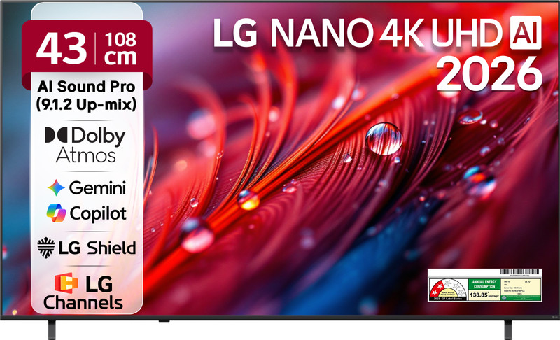 LG 108 cm (43 inch) Ultra HD (4K) LED Smart WebOS TV 2026 Edition with NANO Detail Enhancer, HDR10 Pro, 4K Super Upscaling Alpha7 AI Processor 4K Gen9, Dolby Atmos, AI Sound Pro (9.1.2 ch), Multi AI (Google Gemini & MS Copilot), Linear Flow Design, 60Hz VRR, 5 Years OS upgrade, Secured by LG Shield,