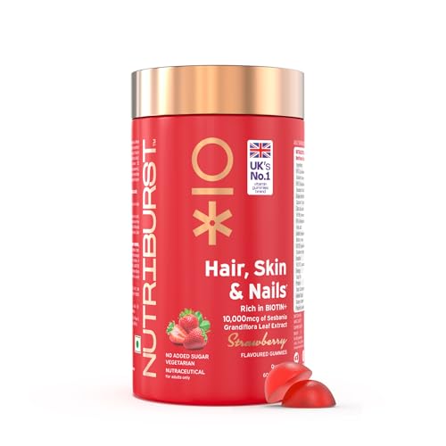 Nutriburst Biotin Gummies for Healthy Hair, Skin & Nails Growth | With High Potency 10000 mcg of Sesbania Extract Natural Biotin,Folic Acid & Multivitamins, No-Added Sugar, Strawberry Flavor|60 Gummy