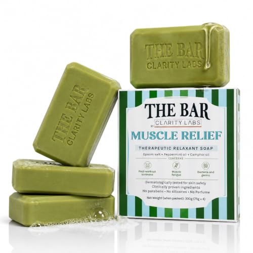 Clarity Labs | MUSCLE RELIEF SOAP | (Pack of 4) | THERAPEUTIC & RELAXING | Epsom Salt | Magnesium chloride | Peppermint Oil | Camphor Oil | Anti Bacterial | Anti Odor | Reduces Post Workout Soreness & Stiffness