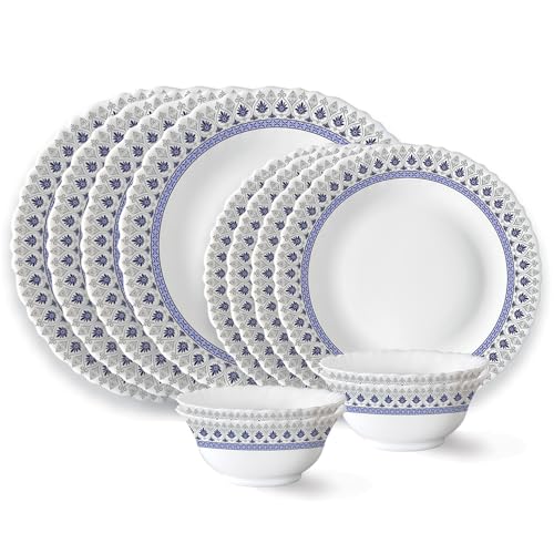 Larah by Borosil Ocean Fluted Series Opalware Dinner Set | 12 Pieces for Family of 4 | Microwave & Dishwasher Safe | Bone-Ash Free | Crockery Set for Dining & Gifting | Plates & Bowls | White