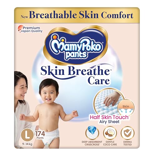 MamyPoko Pants Skin Breathe Care | Baby Diapers Large Size (L) | 174 Count | 9-14Kgs | Half Skin Touch Airy Sheet | 3X Breathable | Derma Tested