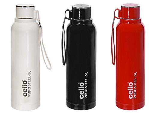 CELLO Puro Steel-X Benz 900 PU Insulated Water Bottle Set of 3, 650 ml Each, Assorted | BPA Free, Leakproof, ISI Certified |Hot & Cold Bottle for Gym, Office, College, Travel, Camping, Sports & Yoga