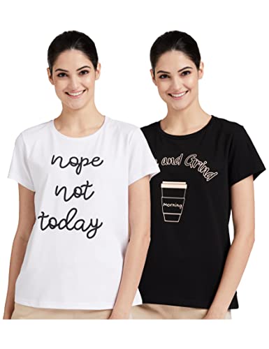 Amazon Brand – Symbol Women’s Cotton Stretch Regular Fit Round Neck Half Sleeve T-Shirt (Combo Pack of 2) (TS-1 Cont_White & Black 1_S)