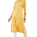 Soch Womens Yellow Rayon Kurta with Bandhani Print and Hand Embroidery