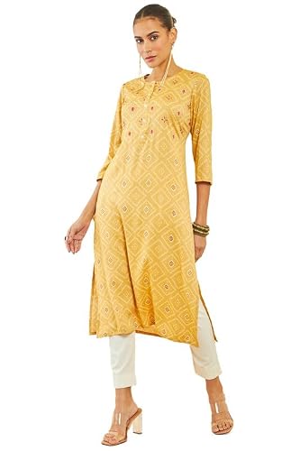 Soch Womens Yellow Rayon Kurta with Bandhani Print and Hand Embroidery