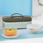 Larah Glassware Gracia Borosilicate Glass Lunchbox with Bag | 2pc Square Container (320ml Each), Horizontal | Microwave & Dishwasher Safe, Leakproof | Tiffin for Office, School, College | Green