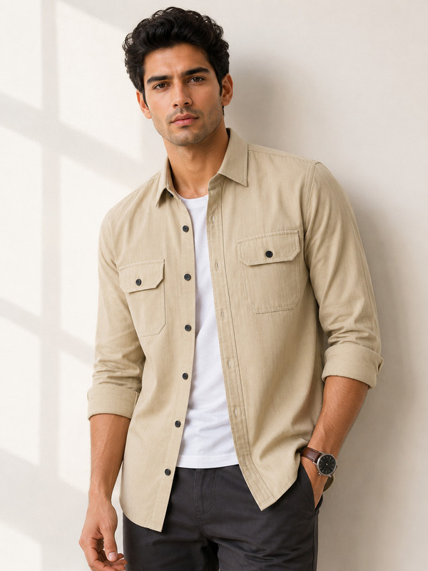 Lyphy Men Solid Casual Beige Shirt