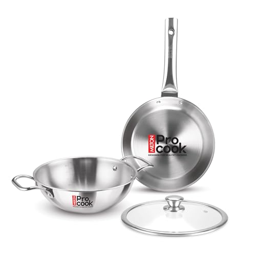 Milton Pro Cook Induction Cookware & Gas Stove Friendly Triply Stainless Steel 3 Pcs Cookware Set | Fry Pan 24cm | Kadai with Glass Lid 24cm | Even & Fast Cooking | 3 Years Warranty | Silver