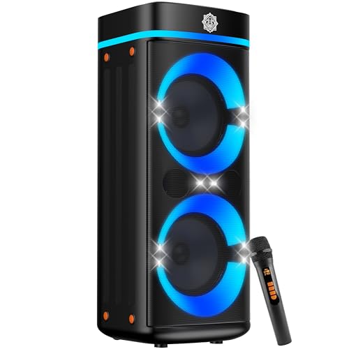 DIGIMORE 240W PartyBox Speaker w/Wireless Mic | Dual 8″ Boombox Speakers | AI Sound Boost & Deep Base Sound | RGB Lights, 10Hrs Battery & BT 5.3/USB/TF/AUX for Parties & Gatherings (D-1382)