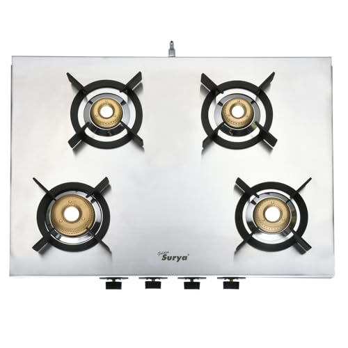 Golden Surya SPLENDOR FORGED 4B 4 Burner Gas Stove | Heavy Duty Forged Brass Burners | Manual Ignition | Stainless Steel Body | ISI Certified | 18 Months Warranty