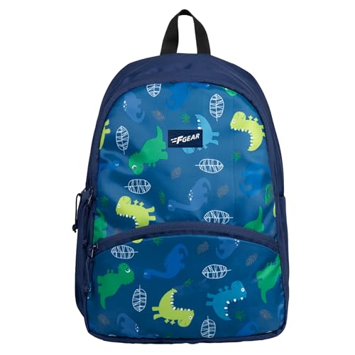 F Gear Brio Kids Backpack|Water-Resistant Polyester|2 Spacious Compartments with Front Pocket & Bottle Holder Adjustable Shoulder Straps|Durable YKK Zippers (Navy Dino, Small)