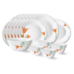 Larah by Borosil Firefly Fluted Series Opalware Dinner Set of 6 Full Plate 6 Quarter Plates 6 Veg Bowls 6 Soup Bowl 2 Serving Bowl and 1 Oval Rice Plate | Bone-Ash Free Crockery Set (White, 27 Pieces)
