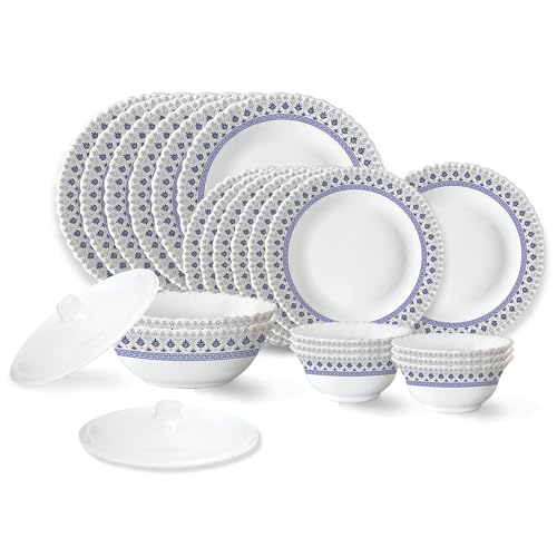 Larah by Borosil Ocean Fluted Series Opalware Dinner Set | 23 Pieces for Family of 6 | Microwave & Dishwasher Safe | Bone-Ash Free | Crockery Set for Dining & Gifting | Plates & Bowls | White