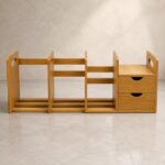 VELORVA Expandable Wooden Desk Organizer with 2 Drawers Adjustable Desktop Bookshelf Office Desk Storage Rack Study Table File Holder Stationery Organizer Engineered Wood Brown