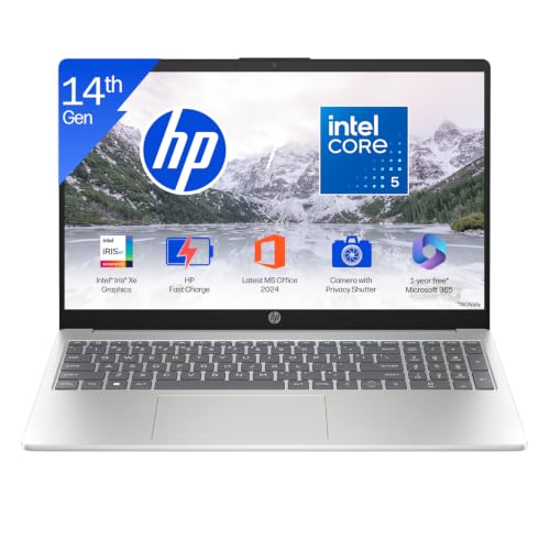 HP 15 (i5 14th Gen), Intel Core 5, 16GB RAM (Upgradeable), 512GB SSD, FHD, Anti-Glare, 15.6”/39.6cm, Win11, M365 Basic(1yr), Office24, Silver,1.59kg, fd0682tu, FHD Camera w/Shutter, Backlit Laptop