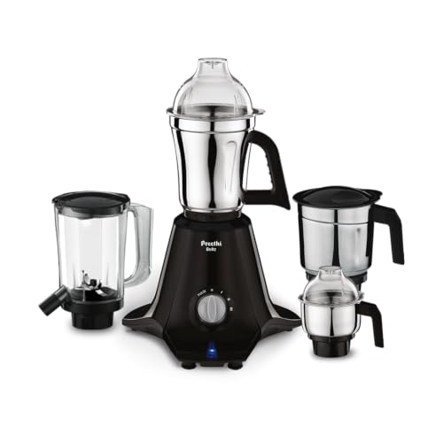 Preethi Boltz 1000 Watts Mixer Grinder, 4 Jars (3 Stainless Steel Jars, Blender Jar), Powerful Grinding for Masalas, Chutneys and Batters, 2 Year Warranty, Lifelong Free Service, Black