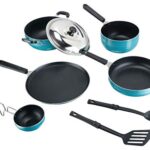 Tosaa Popular Nonstick Cookware 8 Pcs Gift Set Amber Includes 1 -Flat Tawa, 1- Kadhai, 1 -Frying pan, 1- Sauce pan, 1 – Tadka pan, 1 – Stainless Steel Lid, 2 – Spatula