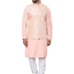 SOJANYA (Since 1958 Men’s Pure Cotton Peach Kurta and White Pyjama With Sequins Pink Nehru Jacket
