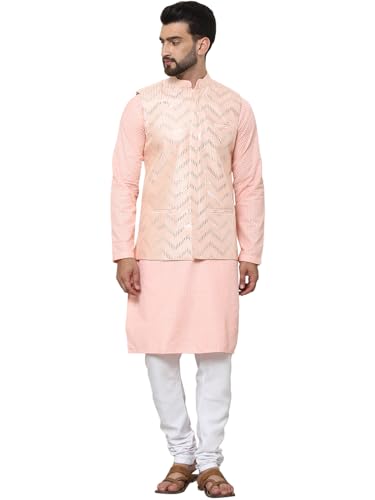 SOJANYA (Since 1958 Men’s Pure Cotton Peach Kurta and White Pyjama With Sequins Pink Nehru Jacket