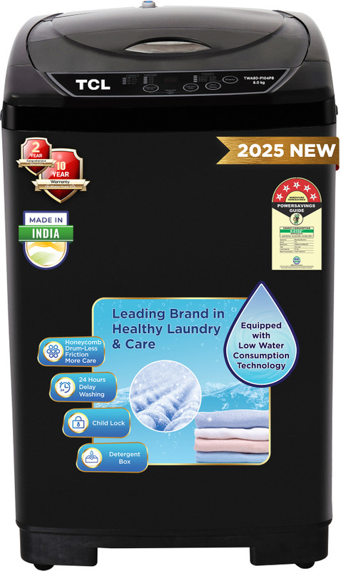 TCL 8 kg 5 Star with 10 Wash Program and Detergent Dispenser, Child Lock with Magic Filter Fully Automatic Top Load Washing Machine Black(TWA80-P104PB)
