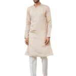 See Designs Men’s Long Sleeve Mandarin Collar Side Slit Beige Embroidered Chanderi Silk Straight Kurta – SDKT2572S