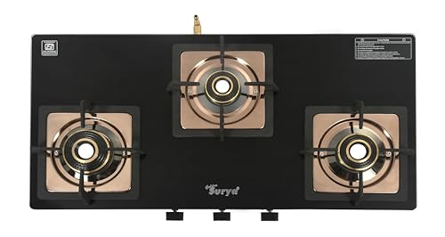 Golden Surya CXJ 32 SS Desire 3 Burner Gas Stove | Forged Brass Burners | Rose Gold Stainless Steel Body | Toughened Glass Top | Manual Ignition | ISI Certified | 18 Months Warranty