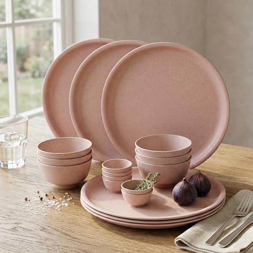 Happy Cove Husk Eco Friendly 10 Inch Solid Dinner Plates | Biocomposite Rice Husk & Bamboo Fibre | Set of 6 with 6 Bowls (200ml) & 6 Sauce Bowls | Durable, Microwave Safe | Chroma Pink