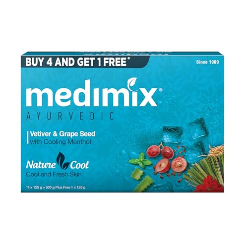 Medimix Ayurvedic Cool Bathing Soap With Menthol, Vetiver & Grape Seed 125Gm (Buy 4 And Get 1 Extra Combo Pack) | Shop Herbal | Natural | Paraben-Free & Sulphate-Free | 100% Vegan