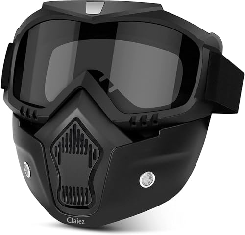 Claiez TPU Goggle Mask Anti Scratch UV Protective Open Face & Eyewear Windproof Dirt Shield Adjustable Strap Soft Foam Padded Detachable for Cycling Bike Off Road Racing Riding Unisex (Black)