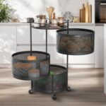 Amazon Brand – Solimo 360° Revolving Preassembled Portable 3 Layer Round Multipurpose Storage Kitchen Rack Carbon Steel Fruit Vegetable & Spice Trolley with Wheels for Kitchen Organizer(Matte, Black)